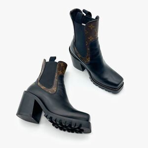 LOUIS VUITTON Limitless Chelsea Boot Size 37 US 7 Black Calfskin Monogram Heel